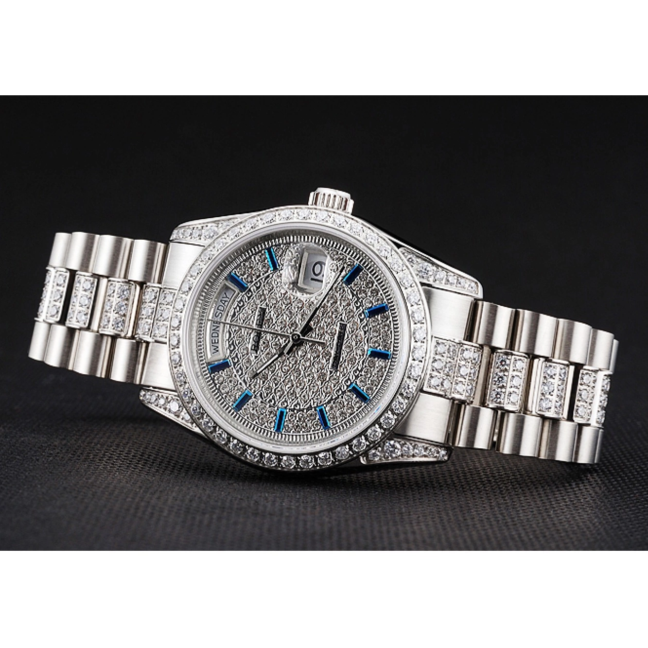 Aaa fake watches And Diamond Bracelet And Bezel Rolex Dial Day Steel Stainless Swiss Pave Date 0524